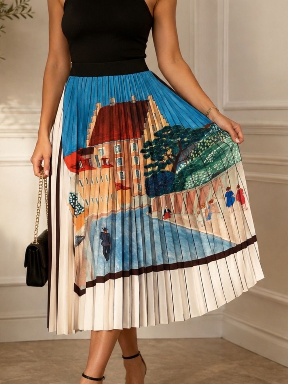 Scenic Print Pleated Midi Skirt in Blue and Cream
